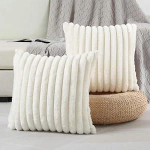 Cream White Striped Decorative Throw Pillow Covers 24x24 Inch Set of 2,Square - Picture 1 of 5