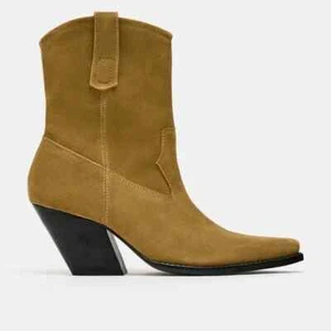 ZARA Cowboy Suede Ankle Boots Size 9 – NWT – Tan Western Heeled Booties - Picture 1 of 6