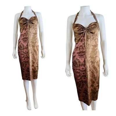 Vestido midi halter floral barroco seda Roberto Cavalli vintage 2004 2000s Y2K Foto 1 de 4