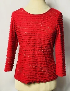 Kim Rogers Women’s Blouse Petite Size PS Red With Ruffles & Gold Sequins Stretch - Picture 1 of 3