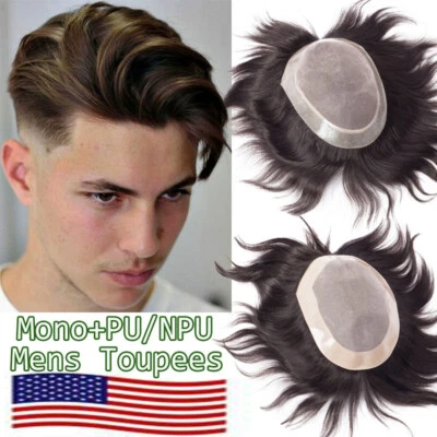 Mono Lace Toupee Mens Hair Replacement System Hairpiece Real Virgin Human Hair F - Image 1 of 4