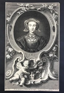 Retrato original de la reina Ana de Cleves después de Holbein por Jacobus Houbraken 1739 - Imagen 1 de 3