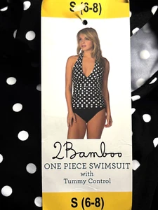 2 BAMBOO WOMENS  SWIMSUIT ONE PIECE BATHING SUIT (Black/White, SIZE S 6-8) NWT - Picture 1 of 2
