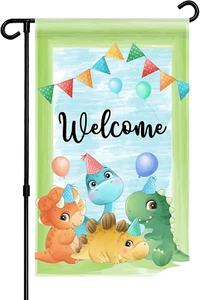 Dinosaur Welcome Garden Flag - Welocm Home Party Door Sign - Kid Birthday Yard L - Picture 1 of 8