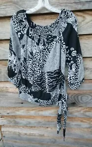 NEW DIRECTIONS Women's 3/4 Sleeve Black & White Floral & Leopard Print Top Small - Picture 1 of 14