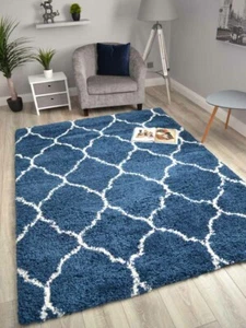 Dark Blue Cream Trellis Rugs | Fluffy Super Soft Pile | Nice 5cm Large Thick Rug - Picture 1 of 5