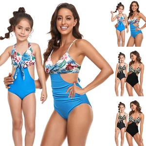 Women Girls Swimsuit One Piece Bikini Mom Daughter Print Strap Swimwear Backless - Picture 1 of 23