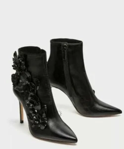 NWT Zara Black Ankle Boot Pointed Toe Stiletto Leather Floral SIZE5 - Picture 1 of 5