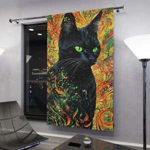 Black Cat - Window Curtains, Psychedelic Art, for Cat Lovers, Unique - Picture 1 of 5