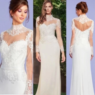Tadashi Shoji Bridal 8 Prescott Sheath Lace Illusion High Mock Neck Ivory Gown - Image 1 of 4