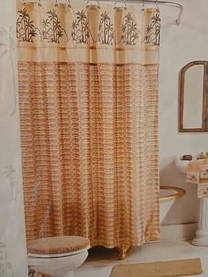 Vintage Look Tropical Shower Curtain Palm Trees NEW Fabric Brown Green 72sx72 - Image 1 of 4