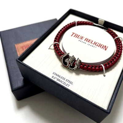 NUEVO EN CAJA Pulsera True Religion Trenzada PU Acero Inoxidable Doble Herradura 8.5" Rojo Foto 1 de 4
