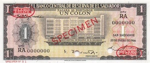 Billete sin circular EL Salvador 1 Colón 25.1.1966 serie ejemplar RA AAZ6 - Imagen 1 de 2
