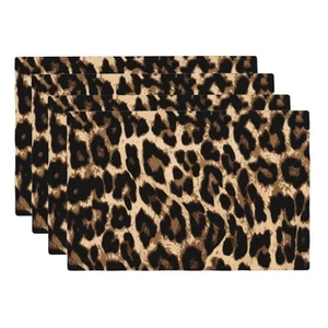 Black Brown Leopard Print Placemats Set of 4 Cheetah Leopard Skin Linen Washa... - Picture 1 of 7