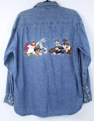 WARNER BROS STUDIO STORE LOONEY TUNES EMBROIDERED BUTTON DOWN DENIM SHIRT SIZE M - Image 1 of 4