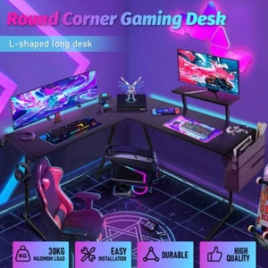 Corner Gaming Desk L Shaped Round Computer Desk Workstation With Screen Riser - Picture 1 of 12