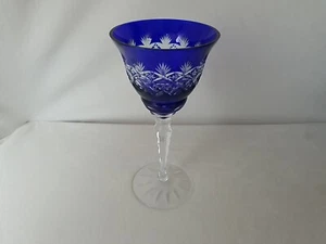 Bohemian Crystal Cobalt Blue TALL Wine goblet Glass Cut to Clear 8.25” - Picture 1 of 7
