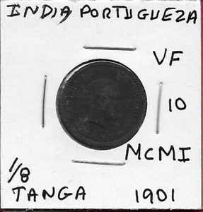 INDIA, PORTUGUESA 1/8 TANGA = 1/128a RUPIA = 1/2 REIS 1901 BUSTO DE CARLOS I, CARA - Imagen 1 de 2