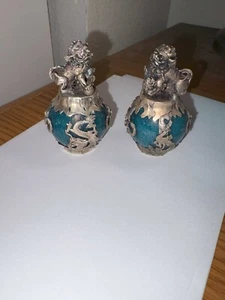 Exquisite Chinese Silver Dragon Hand Carved Pair Lion Statues - Picture 1 of 3