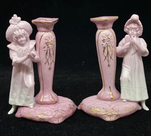 Antico candelabro vanità miniatura bisque rosa tedesco c 1900 ragazze vittoriane - Foto 1 di 7