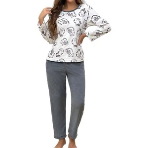 Women's Two Piece Set Round Neck Long Sleeve Tops Elastic Band Trousers Pajama - Picture 1 of 12