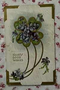 Trébol de cuatro hojas de trébol violetas Hearty Good Wishes 1912 vintage - Imagen 1 de 4
