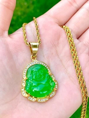 Collar de cadena de cuerda de buena fortuna Buda verde helado riendo sonriente de jade dorado Foto 1 de 4