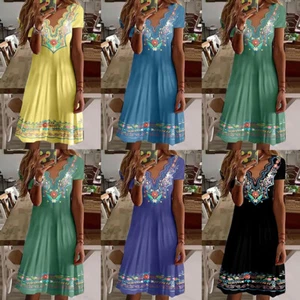 Women Boho Floral Kaftan Maximale Sommerurlaubskleid Gegen Nacken M-5Xl ~ : - Picture 1 of 19
