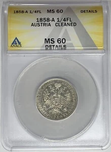 1858-A Austria 1/4 Florin Coin ANACS MS 60 Details Cleaned W6 - Picture 1 of 2