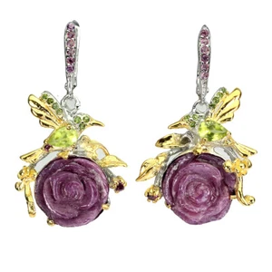 925 Sterling Silver Earrings Ruby Rose Carving 14mm Peridot Gemstone Jewelry - Picture 1 of 9