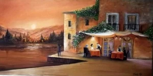 Original Vintage Oil Painting Cottages Restaurant by a River Landscape Signed - Picture 1 of 11