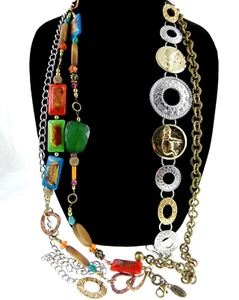 2pc Set Lot Chico's Large Boho Elephant Beaded Chain Link Belt Multicolored - Picture 1 of 8