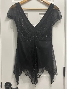 Vintage Scala Beaded Sequins Black Top Asymmetrical Whimsigoth Fairycore Large - Picture 1 of 12