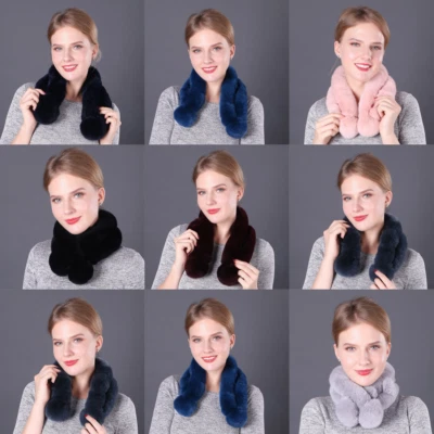 Real Rex Rabbit Fur Scarf Women Winter Warm Neckerchief Fur Pompom Soft - Image 1 of 4