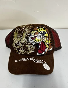 Neu mit Etikett Vintage Y2K Don Ed Hardy Truckermütze Druckknopflasche braun Tiger LESEN - Bild 1 von 9