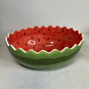 Vintage Pier 1 Imports Earthenware Watermelon Serving Bowl 12" x 9 1/2" x 5" - Picture 1 of 8