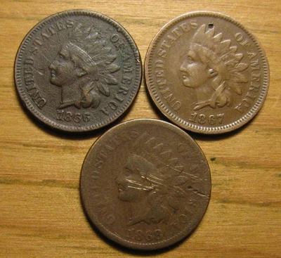 LOT OF (3) 1866 1867 1868 INDIAN HEAD CENTS FROM US COIN COLLECTION PENNY SET - Image 1 of 4