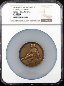 1929 Swiss Shooting Medal, R-1465b, AE, 50 mm, Ticino-Bellinzona, NGC MS 64 BN!