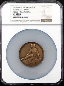 1929 Swiss Shooting Medal, R-1465b, AE, 50 mm, Ticino-Bellinzona, NGC MS 64 BN! - Picture 1 of 6