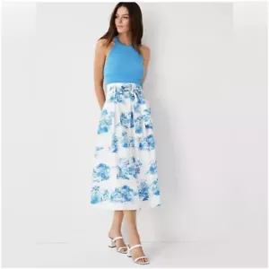 Ann Taylor Skirt Size 10 Blue White Cotton Linen Floral Toile Belted A-Line Midi - Picture 1 of 16