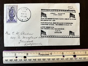1937 QUINCY MA ERROR COVER WITH INK IMPRINT ON REVERSE JOHN ADAMS XYZ AFFAIR - Picture 1 of 3