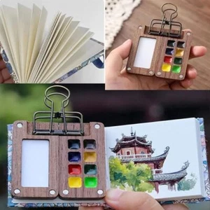 Portable Mini Walnut 8/15 Colors Watercolor Paint Palette Box Sketchbook Set - Picture 1 of 19