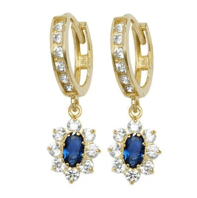 Yellow Gold Sapphire Earrings Drop Hoops Natural Stone 375 9 Carat New Boxed - Image 1 of 3
