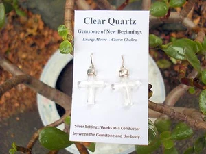 Cross Earrings in Gem Quality Clear Quartz with Silver Setting-Beautiful-Good$$ - Picture 1 of 5