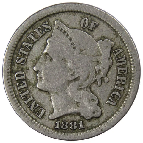 1881 Three Cent Piece VG Very Good Nickel 3c US Type Coin Collectible Cover
