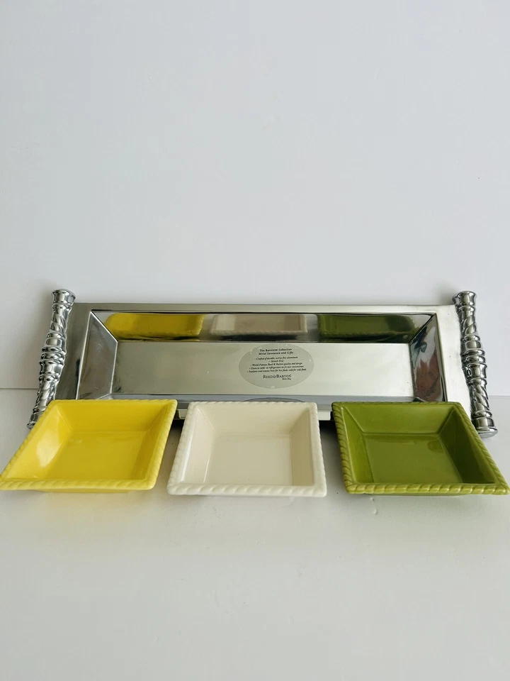 Reed & Barton Bannister Metal Rectangular Serving Tray with Ceramic Dishes 15.5" - Image 1 of 4