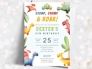 Dinosaur PERSONALISED Birthday Invitations - Dino Party Invites, Colourful Dinos - Picture 1 of 2