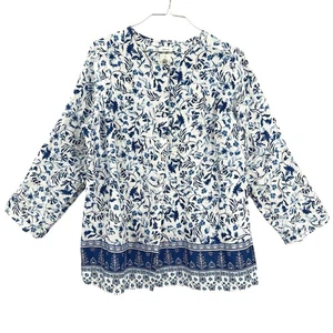 Joie Womens Plus Size Button Up Blouse Top 1X Blue Floral White Linen - Picture 1 of 4