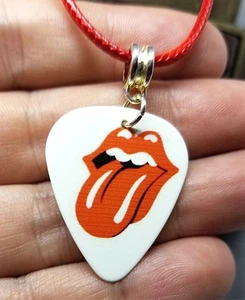 Rolling Stones Emblem White Guitar Pick Necklace with Red Rolled Cord - Picture 1 of 3