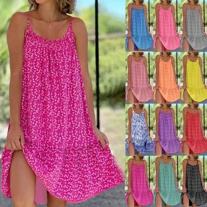 Floral Fluffy Dress Summer Loose Sleeveless Beach Dress - Picture 1 of 14
